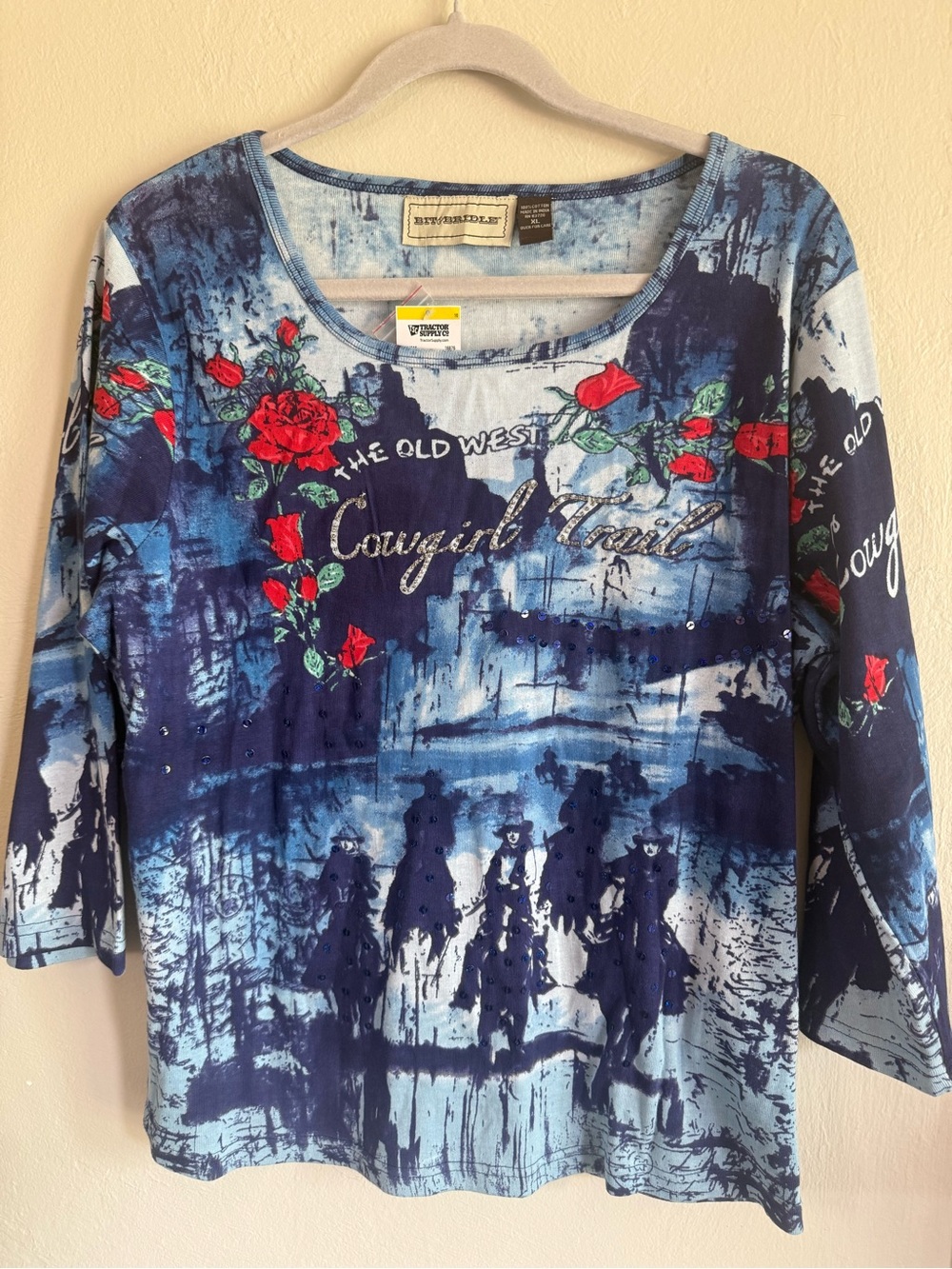 Bit & Bridle Western Old West Cowgirl Trail Graphic Shirt Blue XL